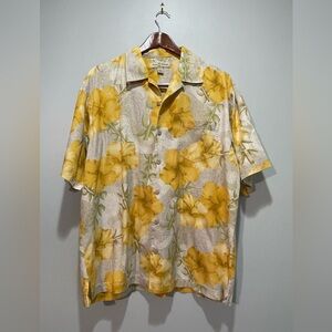 Tommy Bahama Men’s Large Yellow Floral Silk Hawaiian Shirt EUC